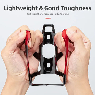 Lightweight bicycle bottle cage held in hands, showcasing durable design and only 35 grams weight, ideal for cycling.