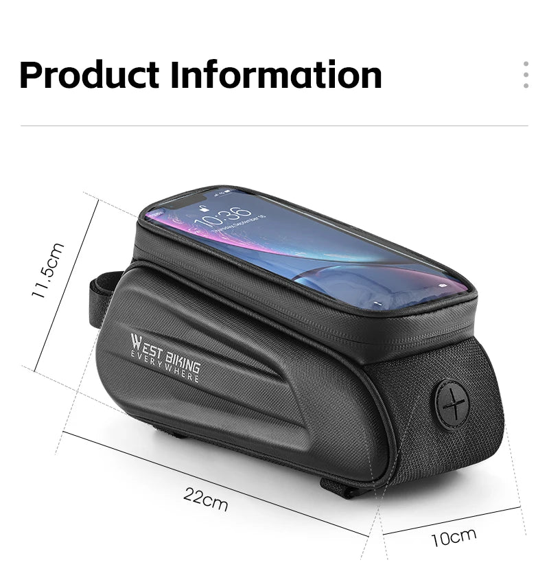Waterproof West Biking 7" bike phone bag with touch screen, dimensions 22cm x 10cm x 11.5cm, perfect for cyclists.
