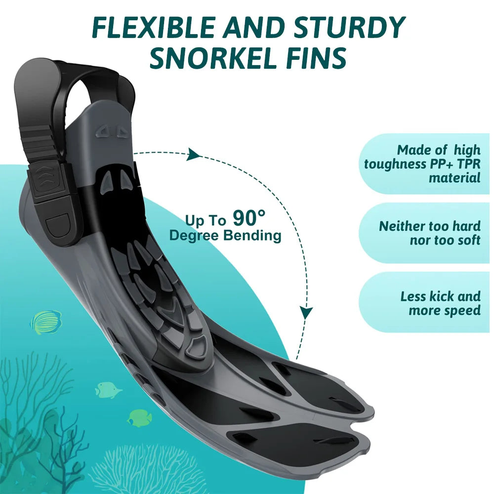 Flexible and sturdy snorkel fins made of high-toughness PP+TPR, offering 90-degree bending for speed and convenience in diving.