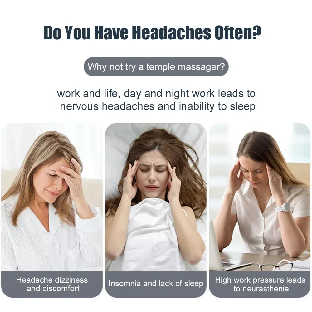 Women experiencing headaches, insomnia, and work-related stress; promoting the benefits of a temple massager.