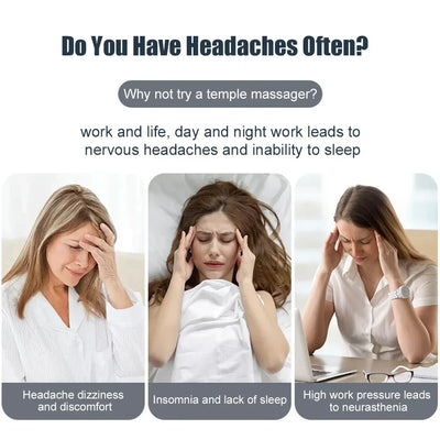 Women experiencing headaches, insomnia, and work-related stress; promoting the benefits of a temple massager.