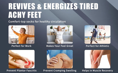 Collage of images showing benefits of comfort-top socks for foot health, including work and athletic use.