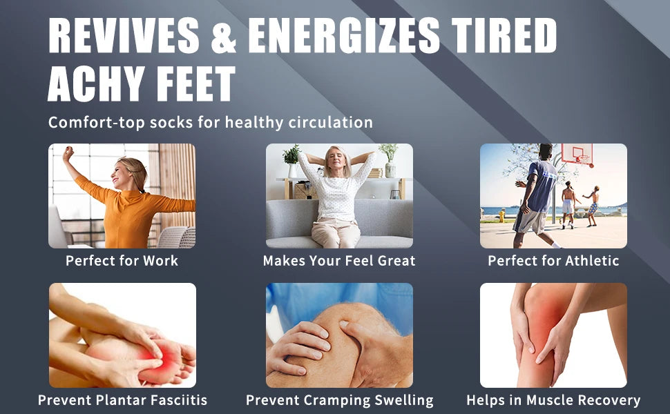 Revives and energizes tired, achy feet with comfort-top socks for healthy circulation and muscle recovery.
