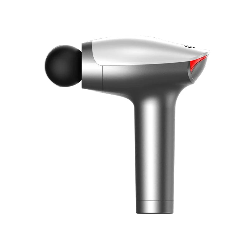 Double-headed percussion massage gun in silver, designed for deep tissue relief and muscle relaxation for athletes.