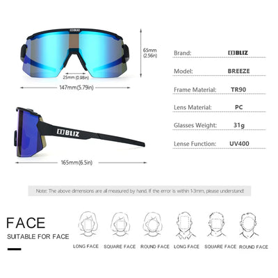 BLIZ Breeze polarized cycling glasses, UV400 protection, TR90 frame, suitable for MTB and road biking. Dimensions included.