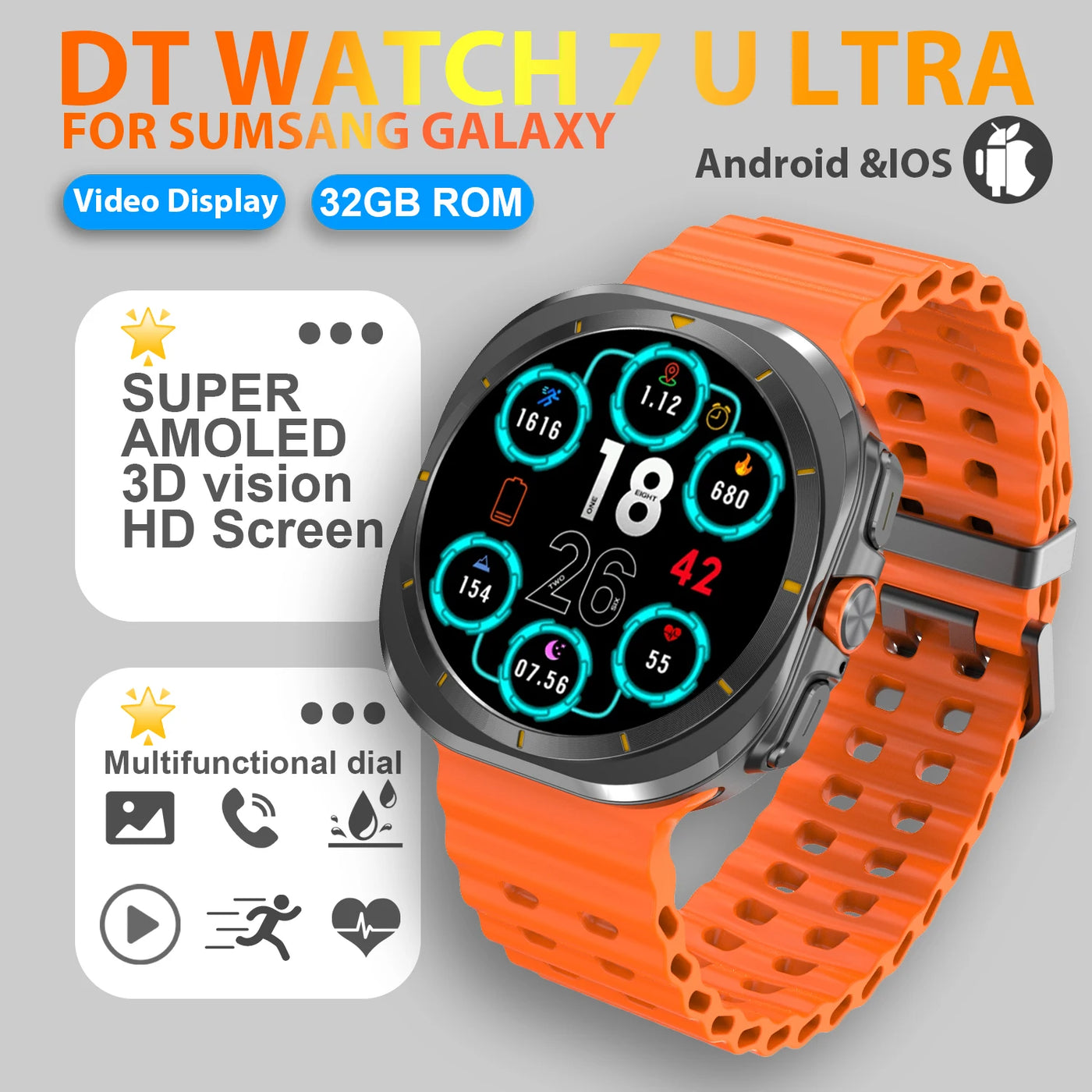DT Watch 7 Ultra smartwatch with 3D HD screen, video display, and orange strap for Samsung Galaxy.