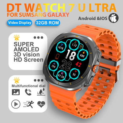 DT Watch 7 Ultra smartwatch with 3D HD screen, video display, and orange strap for Samsung Galaxy.