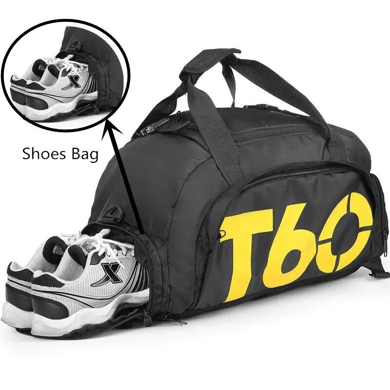 Waterproof gym bag with separate shoe compartment for sports, fitness, and outdoor activities.