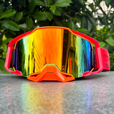 100% IOOX MTB goggles with reflective lens and red frame, ideal for off-road and dirt bike racing.