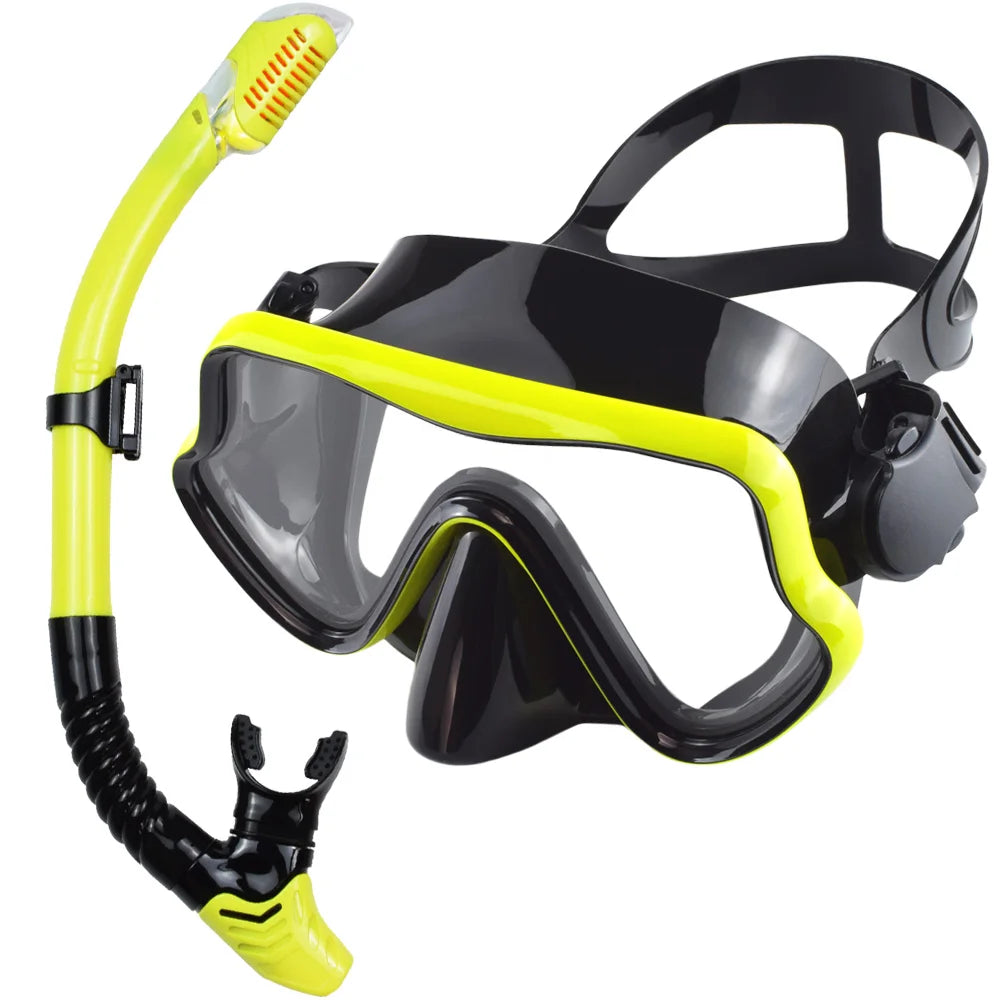 Scuba diving mask and snorkel set in black and yellow for adults, ideal for snorkeling and swimming training.