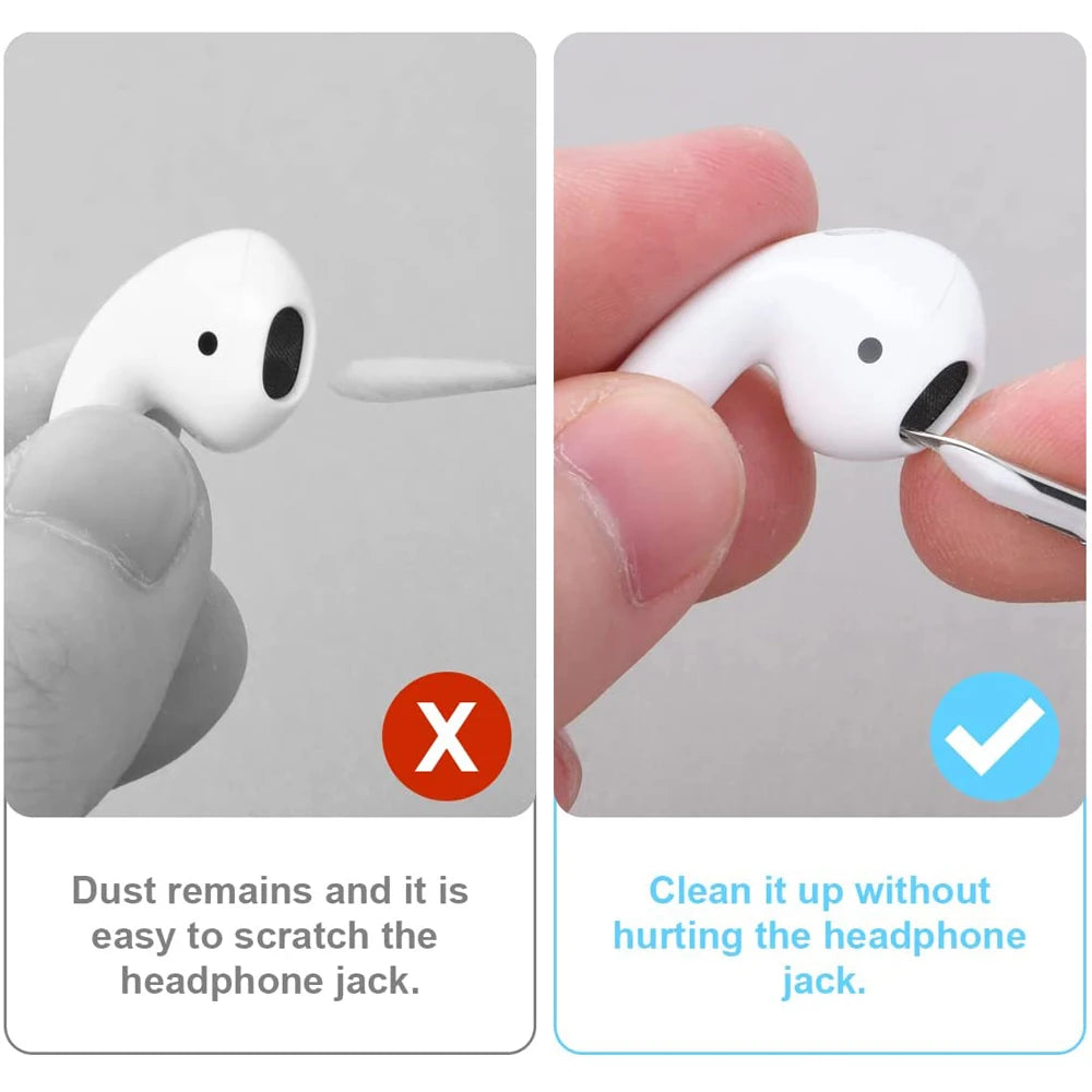 Bluetooth earphone cleaning demonstration: proper vs improper cleaning of AirPods to avoid damage.