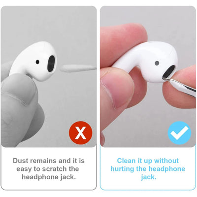 Bluetooth earphone cleaning demonstration: proper vs improper cleaning of AirPods to avoid damage.