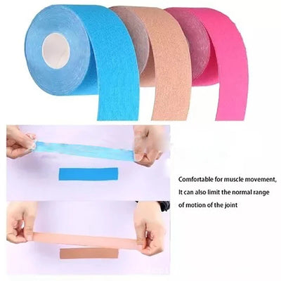 Kinesiology tape in blue, pink, and beige rolls, ideal for muscle support and joint movement limiting, featured in usage examples.