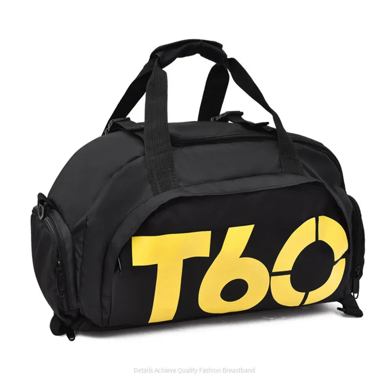 Black waterproof gym bag with yellow lettering, ideal for fitness, travel, and outdoor activities, unisex design.