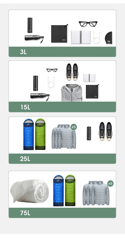 Various sizes of waterproof dry bags and storage accessories displayed for outdoor activities and clothing organization.