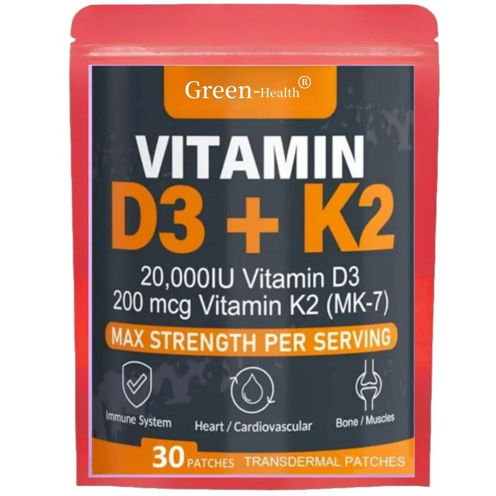Vitamin D3 and K2 transdermal patches for strong bones, muscles, and immune health - 30 patches per pack.