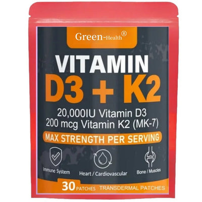 Vitamin D3 and K2 transdermal patches for strong bones, muscles, and immune health - 30 patches per pack.