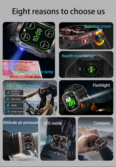 Military GPS smart watch features: health monitoring, rotating crown, flashlight, SOS mode, altitude pressure, and 100+ sports modes.