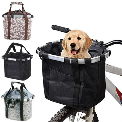 Bike front basket pet carrier featuring a happy dog, foldable design, and stylish options for cycling and pet transport.