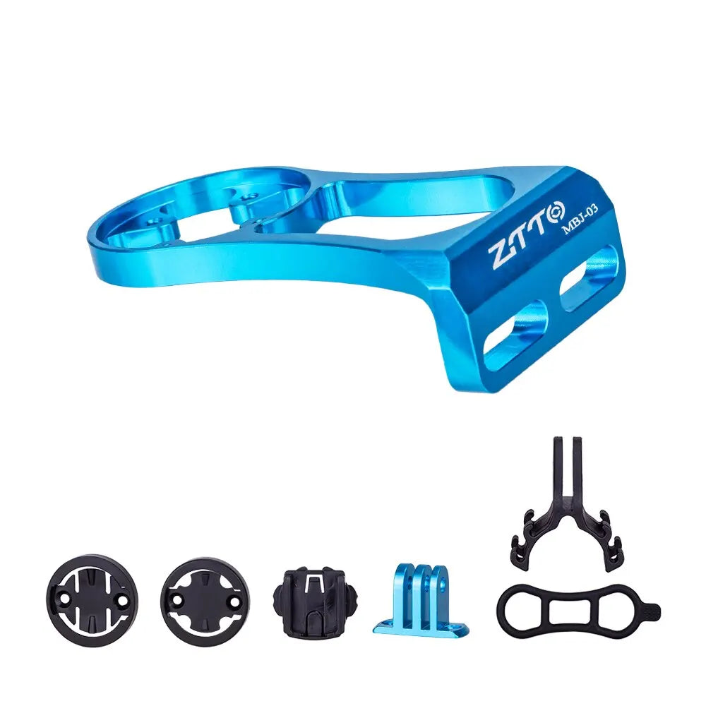 ZTTO bicycle stem computer mount in blue for Garmin Bryton GPS and GoPro, made of aluminum, includes various attachments.
