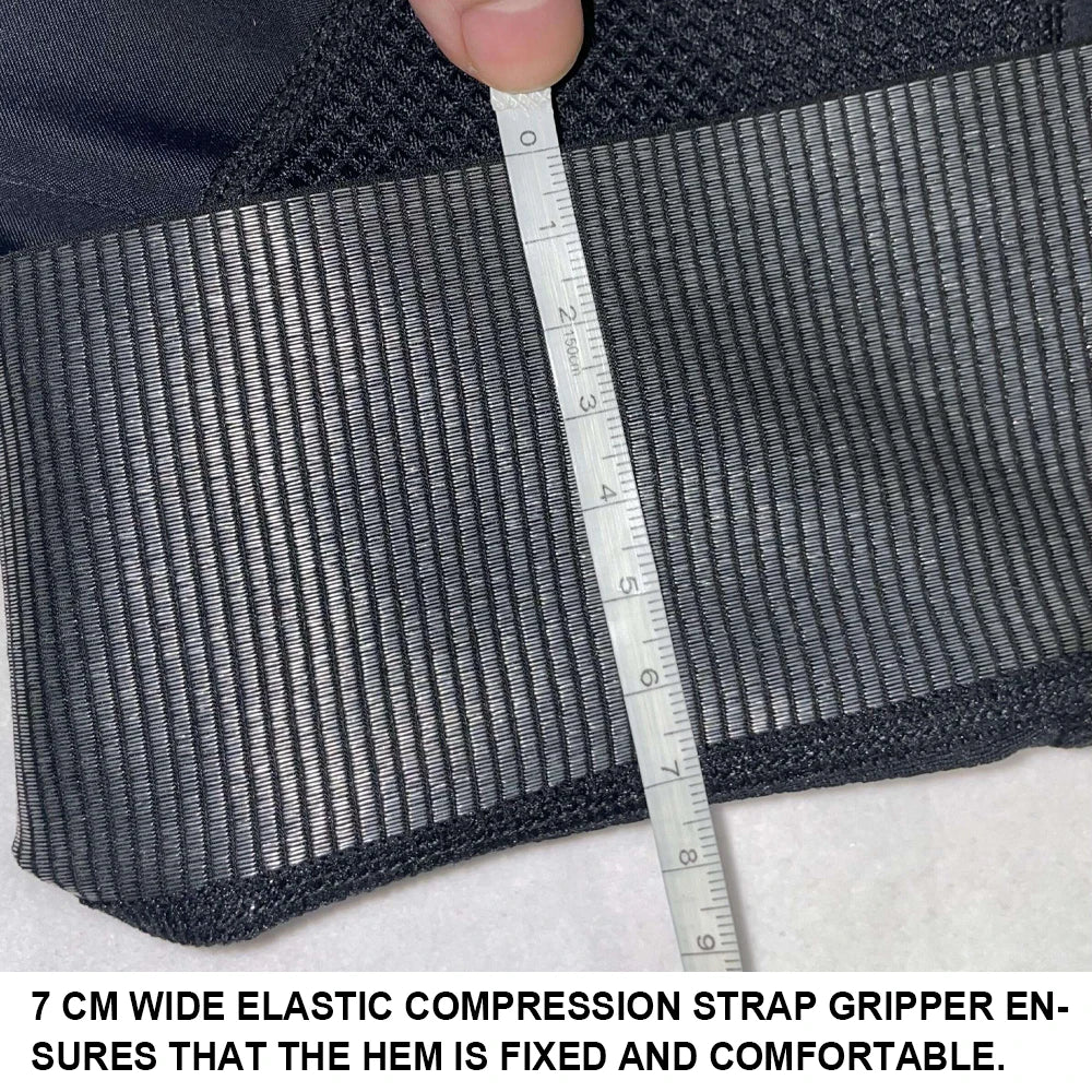 Close-up of a 7 cm wide elastic compression strap gripper, ensuring the hem of the cycling bib shorts is fixed and comfortable.
