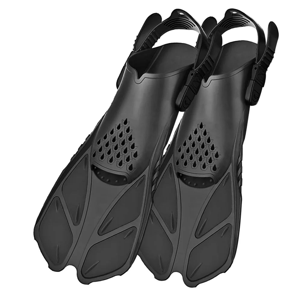 Adjustable black silicone snorkeling fins with open heel for adults, ideal for scuba diving and aquatic travel.