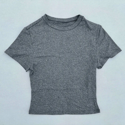 Gray women's short sleeved sports t-shirt, quick drying and breathable fabric for yoga and fitness.