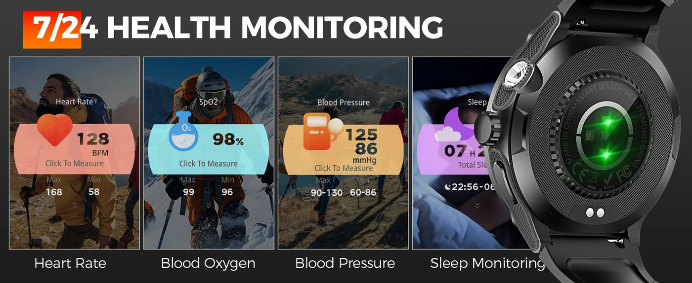 LaNikar Smart Watch displaying health monitoring features like heart rate, blood oxygen, blood pressure, and sleep tracking.