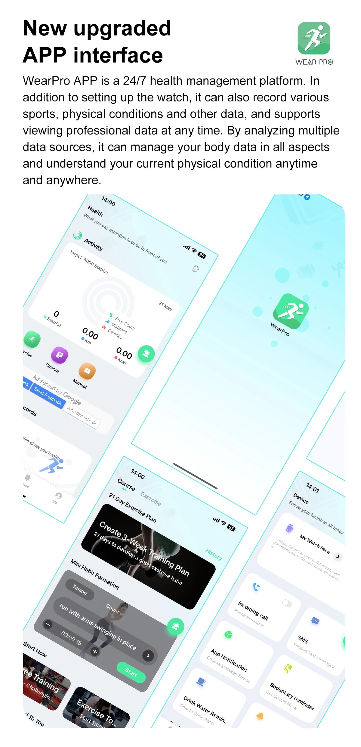 WearPro app interface showcasing health management features and data tracking capabilities.