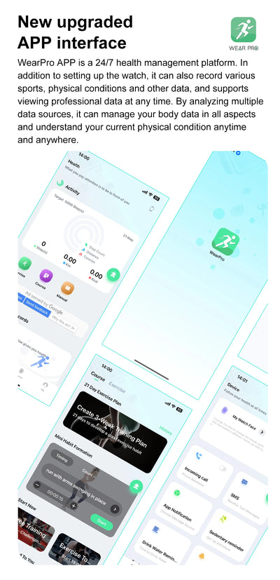 WearPro app interface showcasing health management features and data tracking capabilities.