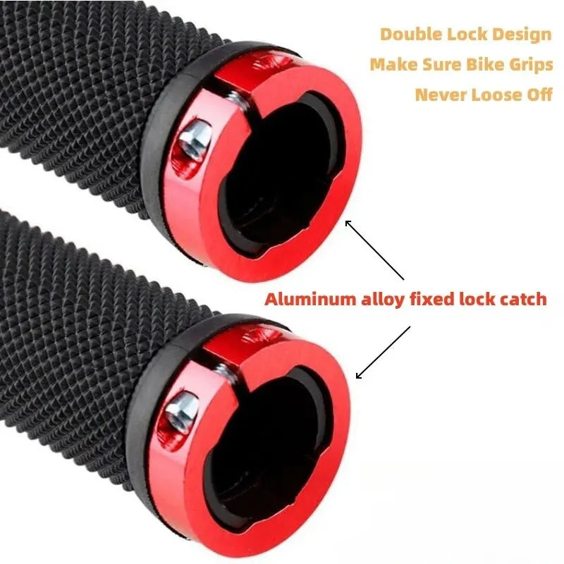 Close-up of non-slip rubber bike grips with double lock design and aluminum alloy fixed lock catch for secure cycling.