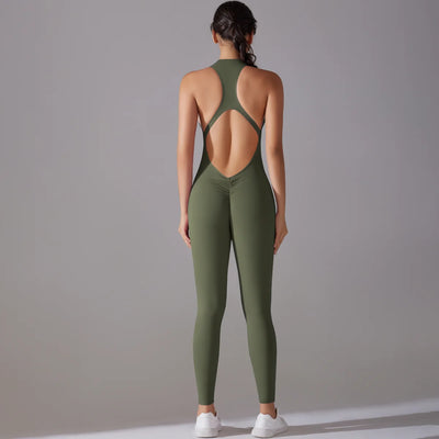 Back view of a women’s olive green bodysuit featuring tummy control and a cut-out design, ideal for yoga and workouts.