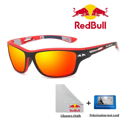 Red Bull polarized sunglasses in red and black, ideal for outdoor activities like fishing, driving, and hiking.