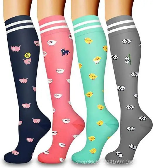 Colorful compression socks featuring playful animal and graphic designs, ideal for sports and outdoor activities.