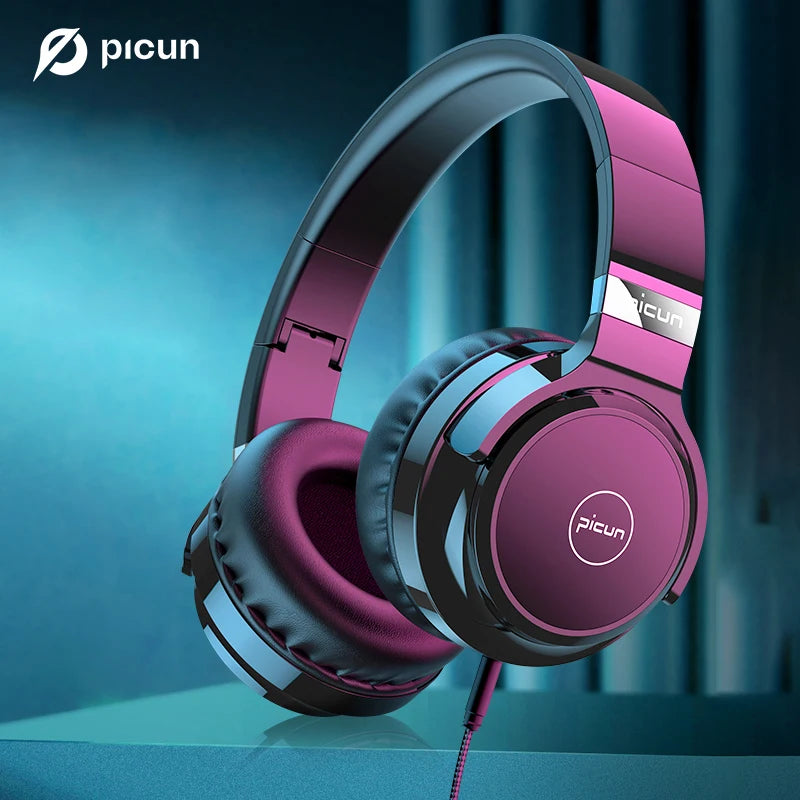 Picun wired on-ear headphones in black and pink, featuring a microphone and volume control for noise isolation.