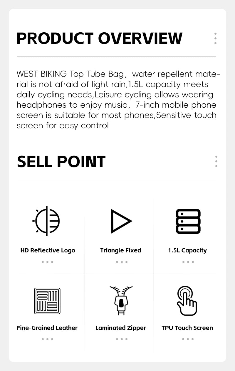 West Biking 7-inch Bike Phone Bag, waterproof top tube bag with sensitive touch screen, 1.5L capacity for cyclists.