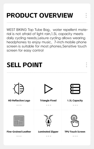 West Biking 7-inch Bike Phone Bag, waterproof top tube bag with sensitive touch screen, 1.5L capacity for cyclists.