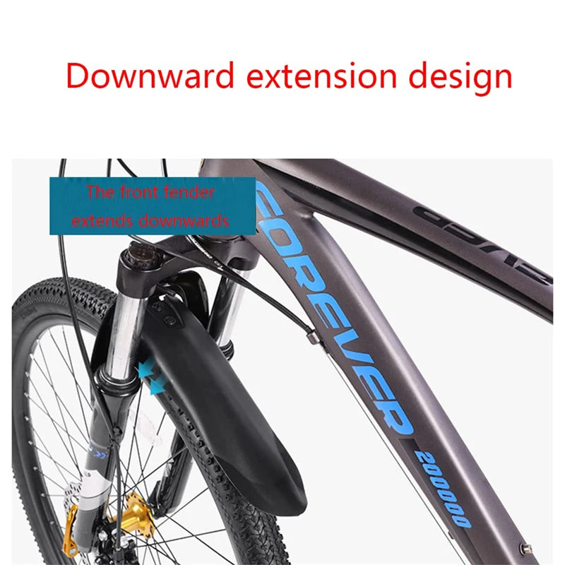 Bicycle with downward extension fender design, providing enhanced splash protection for mountain biking.