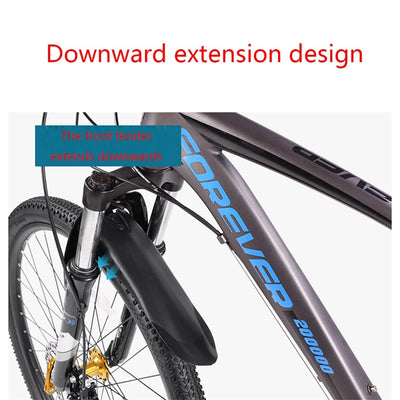 Bicycle with downward extension fender design, providing enhanced splash protection for mountain biking.