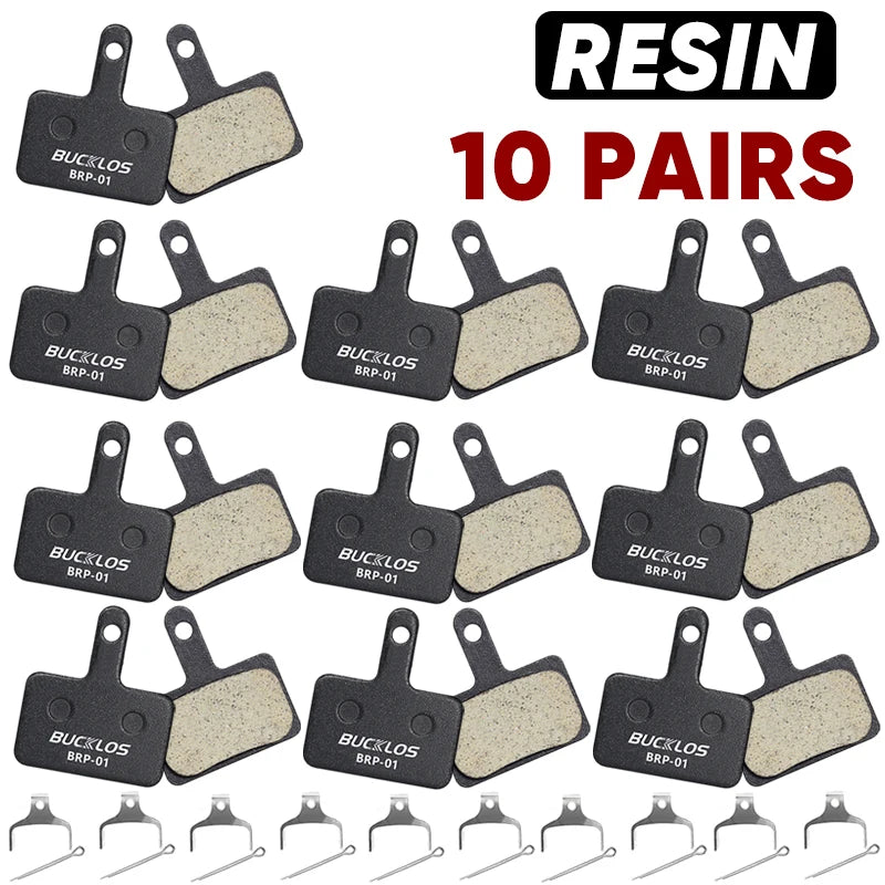 BUCKLOS resin disc brake pads BRP-01 in packs of 10 pairs, compatible with Shimano hydraulic brake systems.