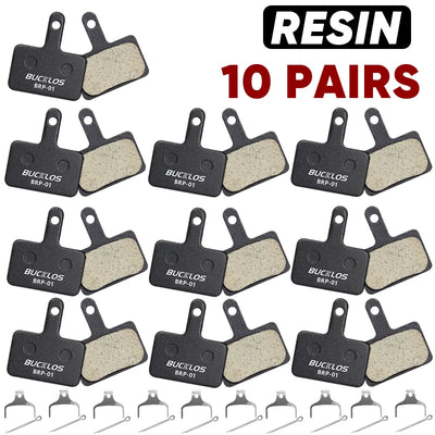 BUCKLOS resin disc brake pads BRP-01 in packs of 10 pairs, compatible with Shimano hydraulic brake systems.