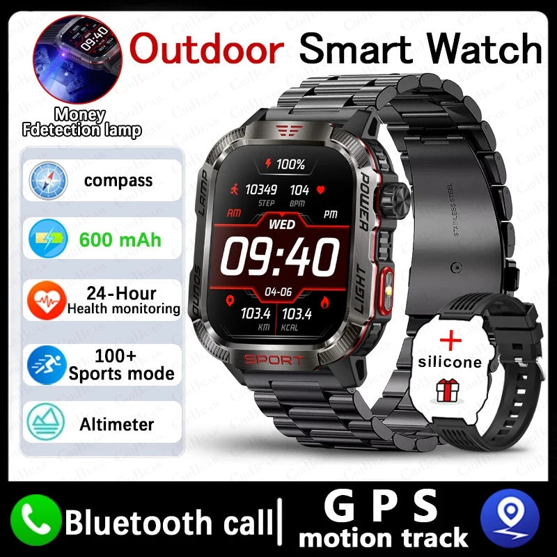 Outdoor smart watch with GPS, Bluetooth, 600 mAh battery, health tracking, and detachable silicone band.