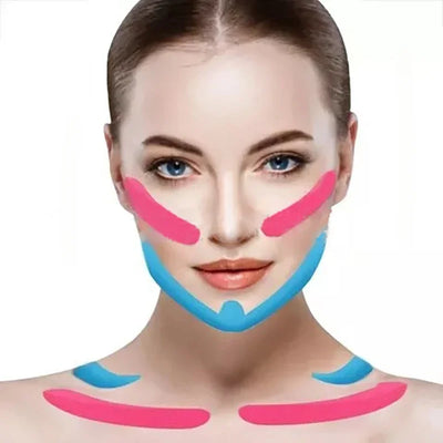 Model using 2.5CM*5M kinesiology tape for face and neck lifting and wrinkle removal, showcasing facial skin care application.