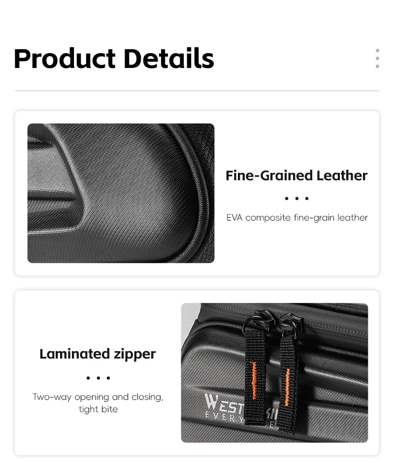 Product details of West Biking bike phone bag showing fine-grained leather and laminated zipper features.