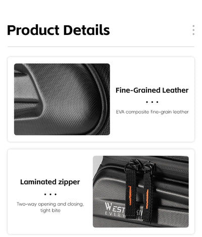 Product details of West Biking bike phone bag showing fine-grained leather and laminated zipper features.