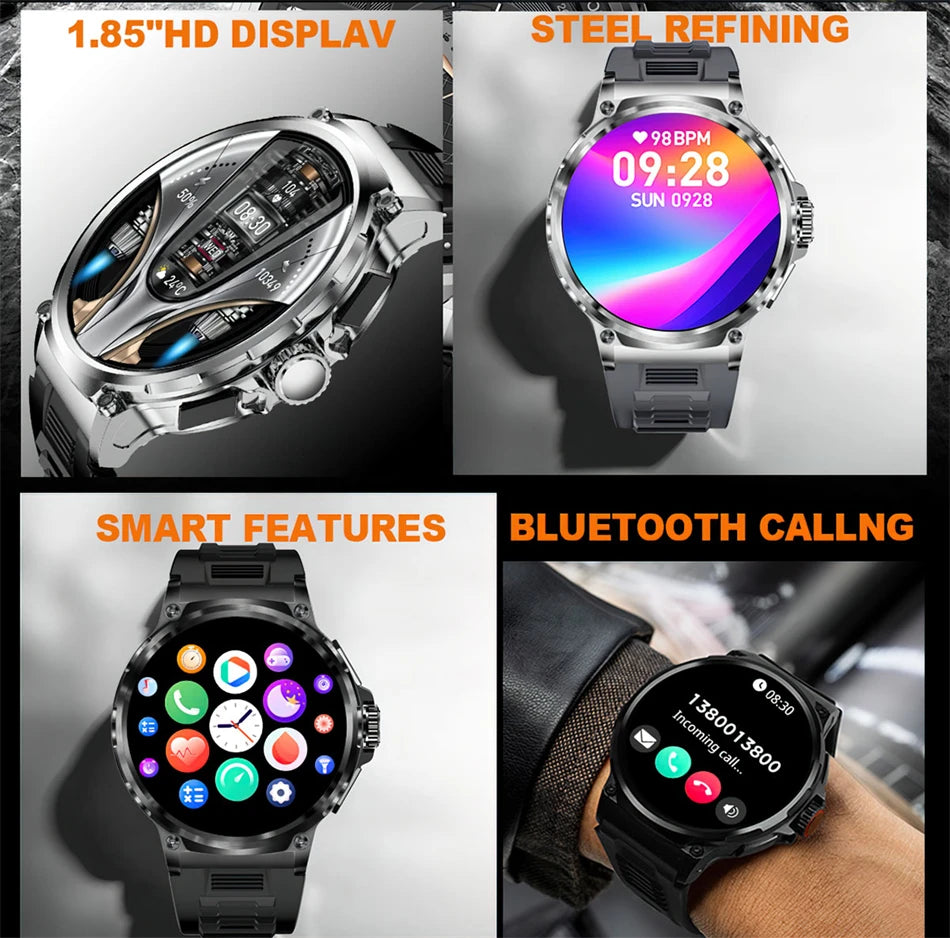GPS Smart Watch for Men with Bluetooth calling, 1.85" HD display, stainless steel band, and smart features.