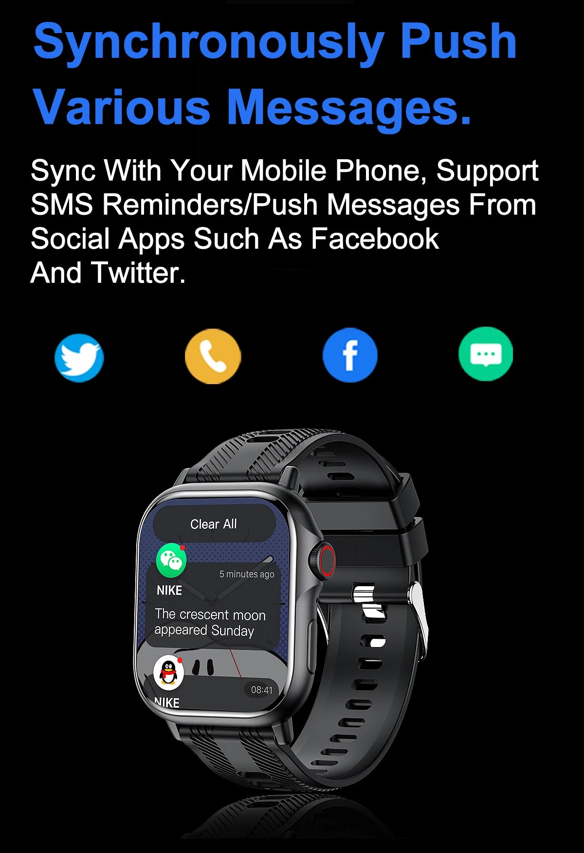 Smart watch display showing message synchronization with mobile phone for SMS and social app notifications.