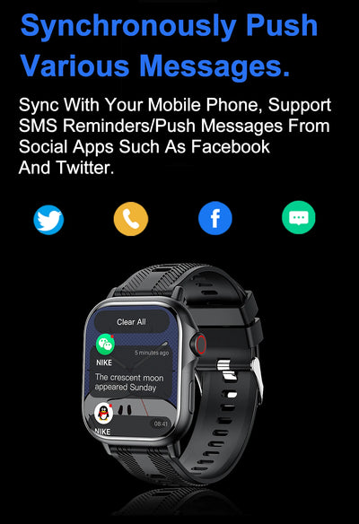Smart watch display showing message synchronization with mobile phone for SMS and social app notifications.