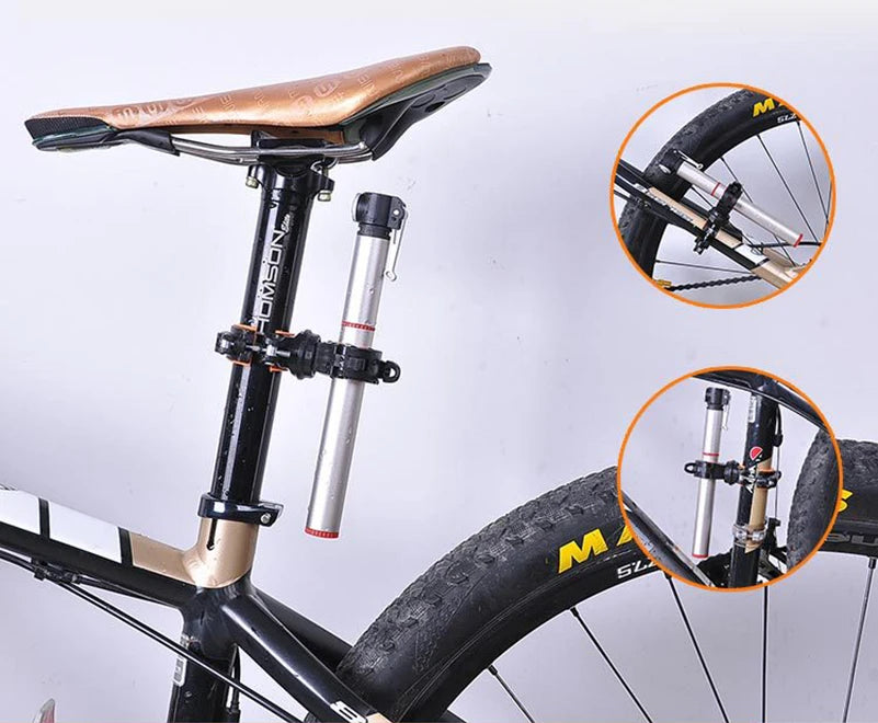 360° rotatable bike light bracket and LED flashlight holder mounted on a bicycle seat post.