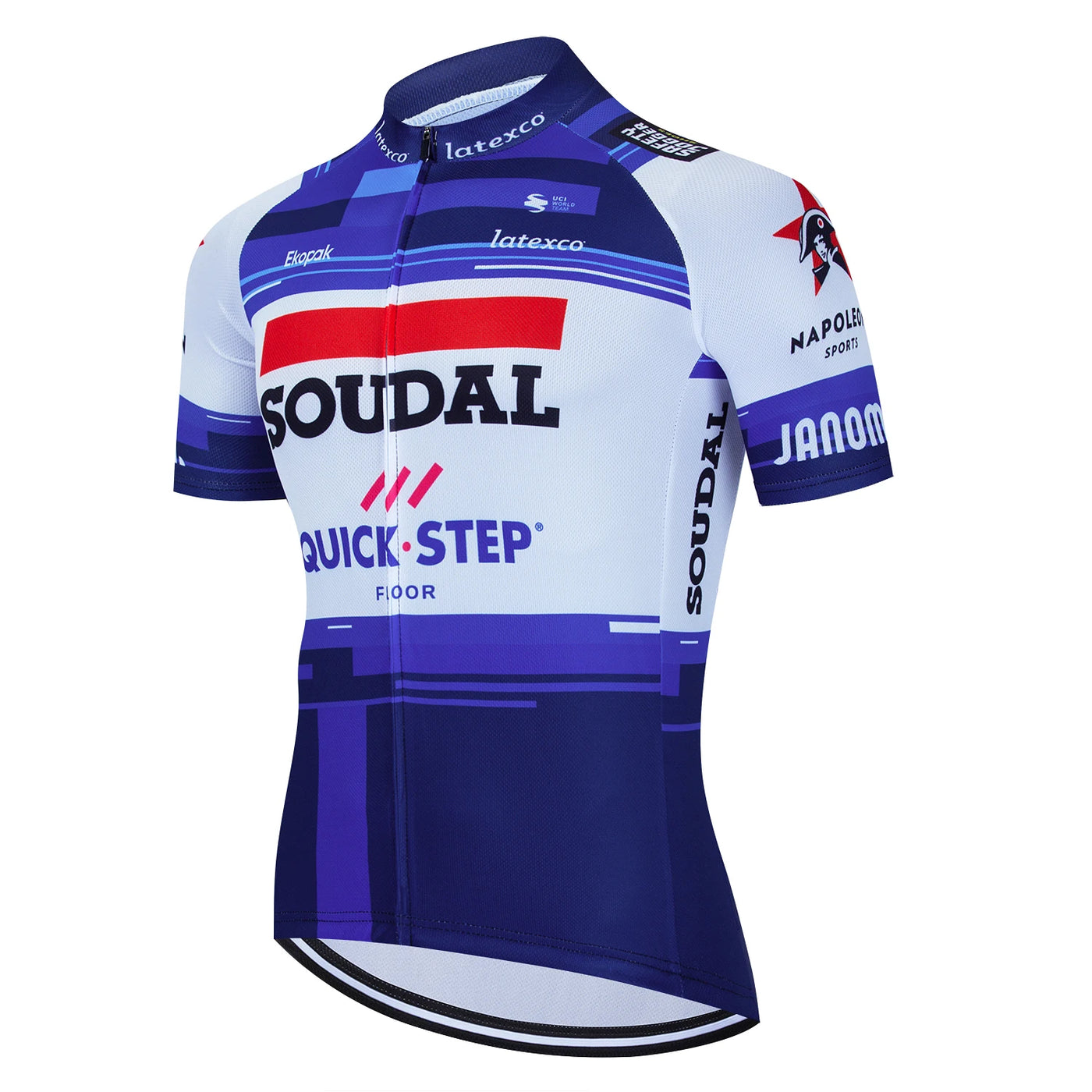 SOUDAL Team Men's Cycling Jersey in blue and white, quick-dry summer bike wear with zipper closure and breathable fabric.